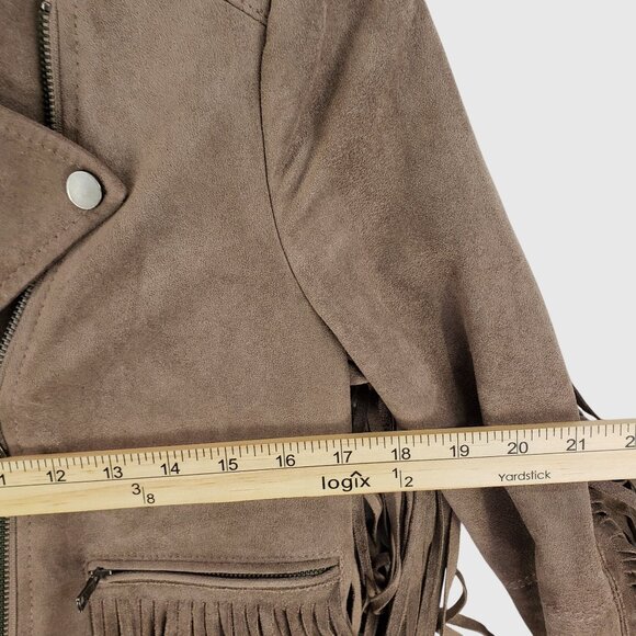 BCBGMAXAZRIA Tan Faux Suede Fringe Moto Jacket With Zipper Womens Size S - Picture 7 of 11